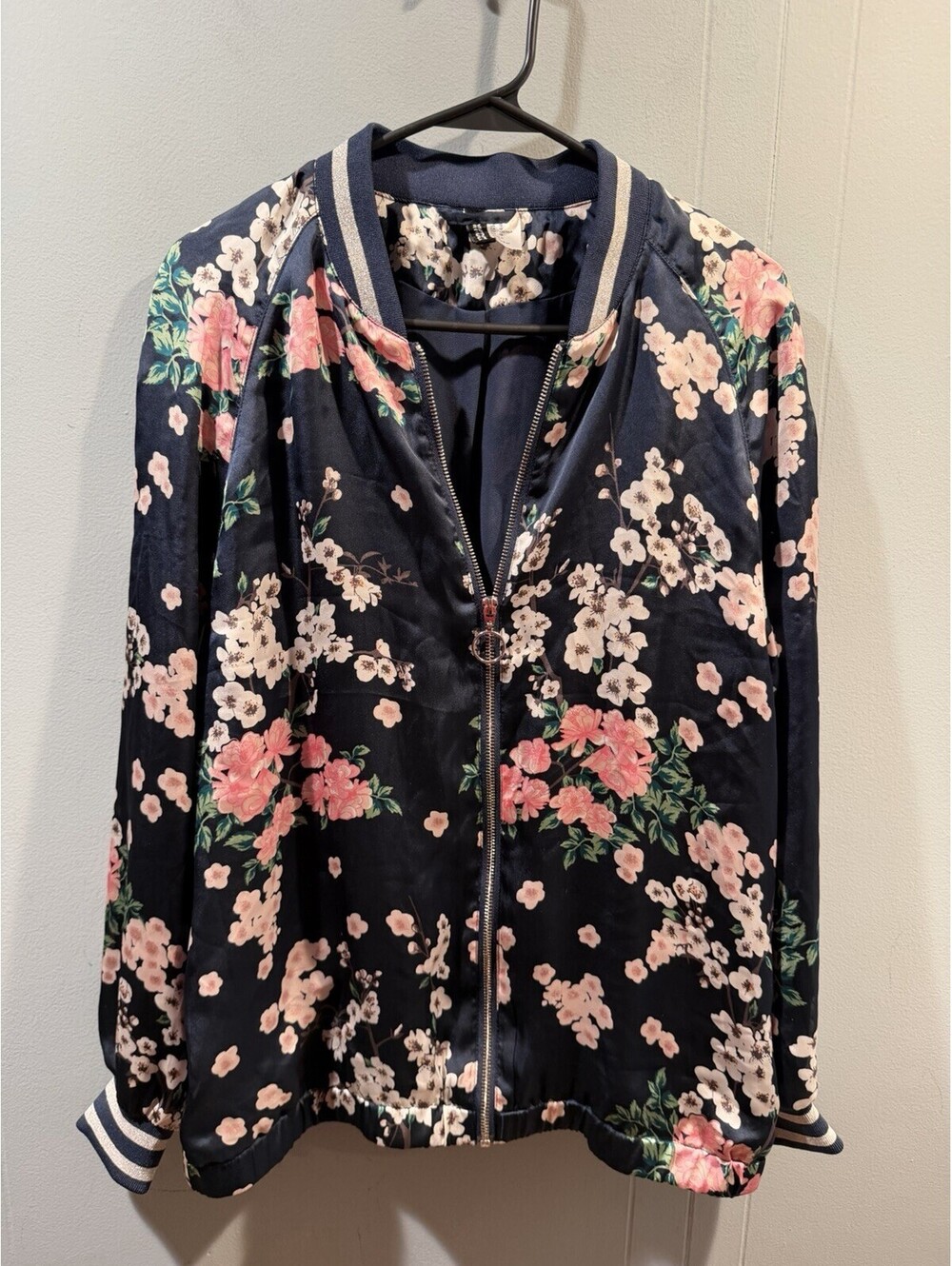Womens Divided H&M Floral Jacket Full Zip Size US 12 Navy